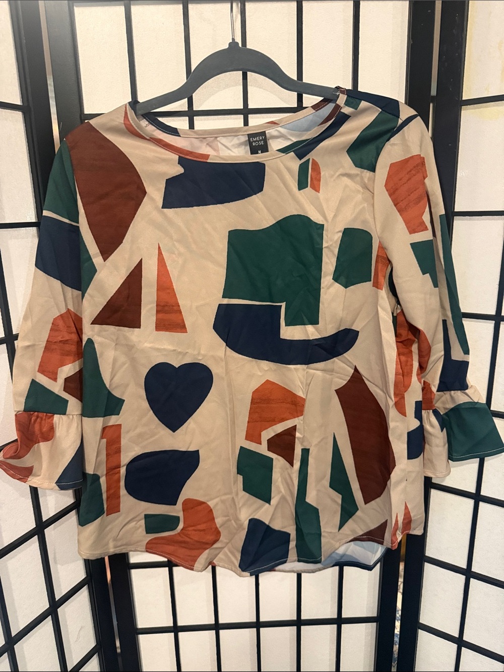 Everly Rose Beige Abstract Long-Sleeve Blouse